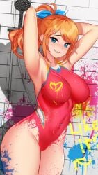 1girls arms_behind_back blue_eyes bodypaint eroblast freckles hair_ribbon hairclip high_ponytail huge_breasts looking_at_viewer navel navel_piercing orange_hair painted_clothes ponytail shower sideboob smile smiling_at_viewer standing stella_(eroblast) text thick_thighs tied_hair