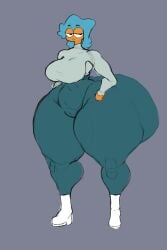 1girls 2022 alternate_ass_size alternate_body_type ass big_ass big_breasts blue_hair bottom_heavy breasts cartoon_network dumplis_(artist) female female_focus flight_attendant_(the_amazing_world_of_gumball) front_view frown gigantic_ass gigantic_thighs grey_topwear half-closed_eyes huge_ass huge_hips huge_thighs hyper hyper_ass hyper_thighs long_sleeves looking_at_viewer looking_back orange_skin short_hair simple_background solo solo_focus the_amazing_world_of_gumball topwear wide_hips