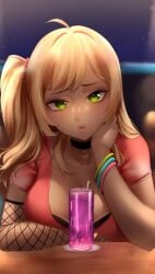 black_bra blonde_hair bored bracelet choker cleavage club cocktail counter dim_lighting drink eroblast exposed_bra eyelashes eyeshadow fishnet fishnet_sleeves glass green_eyes hair_ribbon holding_neck large_breasts long_hair party red_topwear side_ponytail straw tanline tanned zelda_(eroblast)