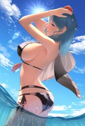 1girls absurdres alternate_costume arms_up ass ass_cleavage bare_arms big_ass bikini black_bikini black_swimsuit blue_sky breasts butt_crack byleth_(female)_(summer)_(fire_emblem) byleth_(fire_emblem) byleth_(fire_emblem)_(female) cloud cloudy_sky covered_nipples cowboy_shot day female female_only fire_emblem fire_emblem:_three_houses fire_emblem_heroes flower from_side green_hair hair_flower hair_ornament hands_on_own_head highres large_breasts lens_flare medium_hair nintendo official_alternate_costume outdoors parted_lips partially_submerged partially_underwater_shot parupome purple_eyes red_flower sideboob skindentation sky solo sparkle strap_gap sun sunlight swimsuit teal_hair thighs twitter_username underwater wading water water_drop wristband