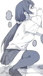 1boy blush censored duke_(inu_daimyou) fellatio female greyscale hair_ornament hair_scrunchie long_hair looking_up love_live! love_live!_school_idol_project low_twintails monochrome oral school_uniform scrunchie simple_background squatting straight sweater_vest thighhighs toujou_nozomi twintails white_background