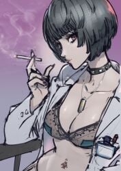 1girls atlus big_breasts blue_hair bra breasts busty choker cigarette cleavage doctor female female_focus female_only goth goth_girl labcoat large_breasts lingerie looking_at_viewer nail_polish nails navel navel_piercing necklace open_coat painted_nails persona persona_5 pierced_belly_button piercing poechan sega smile smoke smoking solo solo_female solo_focus tae_takemi underwear