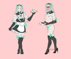 1boy ankle_cuffs ankles_tied blindfold bondage gag gloves green_eyes high_heels league_of_legends maid maid_apron maid_headdress maid_uniform male male_only orngetea panties stockings thong viego_(league_of_legends) waitress white_hair wrist_cuffs wrists_tied