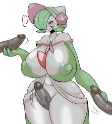 big_ass big_breasts big_butt big_hips censored censored_penis double_handjob fashionable_style_gardevoir game_freak gardevoir green_hair handjob highres human_on_pokemon inumatori mosaic_censoring nintendo pokemon pokemon_(species) red_eyes thigh_sex white-skinned_female