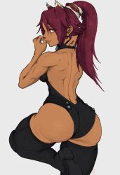 1girls ass back_muscles bleach bleach:_the_thousand-year_blood_war boots dark-skinned_female dark_skin female female_only hair_ornament high_heels high_res leotard long_hair looking_at_viewer looking_back muscular muscular_female oerba_yun_fang ponytail purple_hair shihouin_yoruichi simple_background solo standing standing_on_one_leg thick_thighs thigh_boots thighs toned white_background yellow_eyes yoracrab