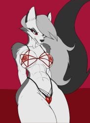 2022 abs annoyed anthro athletic athletic_anthro athletic_female breasts canid canid_demon clothing demon f_draws female front_view fur grey_hair hair hair_over_eye hellhound helluva_boss hi_res lingerie loona_(helluva_boss) mammal nipples one_eye_obstructed pentagram pentagram_lingerie portrait solo three-quarter_portrait white_body white_fur