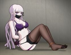 1girls alternate_version_available black_legwear black_stockings black_thighhighs blush bound_and_gagged bound_ankles bound_wrists bra breasts cleavage clothing danganronpa danganronpa:_trigger_happy_havoc danganronpa_1 female female_only gag gagged garter_straps gloves just_some_guy kirigiri_kyouko legs_together lingerie long_hair matching_underwear medium_breasts panties purple_bra purple_lingerie purple_panties restrained solo stockings straight_hair tape_gag tied_up tights underwear underwear_only wide_hips