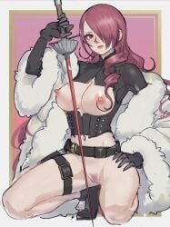 1girls atlus belt belt_buckle blush bottomless breasts breasts_out censored erect_nipples female female_focus female_only frowning fur_coat gloves hair_covering_one_eye hair_over_one_eye long_hair looking_at_viewer mitsuru_kirijo nipples nose_blush partially_clothed persona persona_3 persona_4_arena poechan pubic_hair pussy red_hair red_pubic_hair sega shoes solo solo_female solo_focus squatting thighs weapon