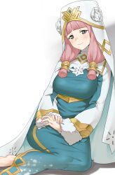 1girls alternate_costume bangs blue_dress blunt_bangs blush breasts cosplay dress english_commentary female female_only fire_emblem fire_emblem_fates fire_emblem_heroes grey_eyes gunnthra_(fire_emblem)_(cosplay) hair_tubes highres igni_tion large_breasts long_hair mitama_(fire_emblem) nintendo own_hands_together simple_background smile solo solo_female star-shaped_pupils star_(symbol) symbol-shaped_pupils twintails white_background white_headwear