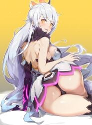 ass gimnang honkai_(series) honkai_impact_3rd huge_ass kiana_kaslana kiana_kaslana_(herrscher_of_the_void) long_hair looking_back sheets white_hair yellow_eyes