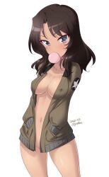 black_eyes blush breasts el_(girls_und_panzer) girls_und_panzer medium_breasts naked_jacket no_bra no_panties saunders_military_uniform tan_body thighs