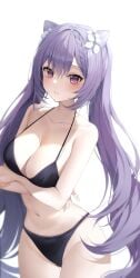 1girls bamboo_shoot_bun bikini black_bikini blush breasts cleavage curvy curvy_female double_bun female female_only genshin_impact groin hi_res human keqing_(genshin_impact) large_breasts navel purple_eyes purple_hair solcha tummy twintails