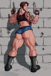 1girls ass back bare_shoulders big_ass black_lagoon boots brown_eyes brown_hair calves cigarette female female_only fingerless_gloves gloves gun hyper legs looking_back muscles muscular_arms muscular_ass muscular_back muscular_female muscular_thighs pistol ponytail r2roh revy shorts smile solo tattoo thick_ass thick_thighs weapon