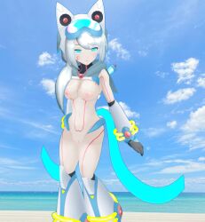 3d alternative_costume beach blender breasts cat_ears ico_(mega_man) mega_man mega_man_x_dive nipples partially_clothed pussy reploid robot_girl swimsuit_ico_(x_dive)