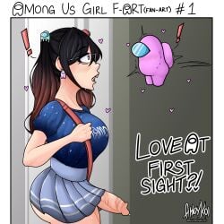 1futa ahoykoi among_us among_us_girl_(mimiyori) among_us_pink balls before_sex big_breasts big_penis black_hair blue_shirt bottomless breasts bulge clothed clothing comic erection erection_under_skirt futa_only futanari glasses heart human koianimations light-skinned_futanari light_skin mostly_clothed penis penis_under_skirt red_hair skirt skirt_lift solo standing