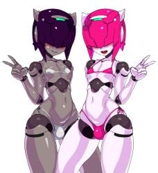 2boys android barely_clothed blush bulge duo femboy hidden_eyes kuroino_(0kuro8ino6) looking_at_viewer male_focus male_only micro_bikini no_humans open_mouth peace_sign robot robot_joints robot_neoanthropinae_polynian shamrock_(polynian) sissy smile thong