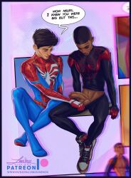 2boys bodysuit dark-skinned_male dark_skin gay half-erect human human_only imminent_sex insomniac_games interracial light-skinned_male light_skin looking_at_penis male male_focus male_only marvel marvel_comics mask_removed melanin miles_morales miles_morales_(playstation) muscular muscular_male pants_down pants_pulled_down patreon_username penis_awe peter_parker retracted_foreskin smooth_skin spider-man spider-man:_miles_morales_(ps5) spider-man_(series) superhero superhero_costume tagme teen_boy thick_penis toned toned_male veiny_penis yaoi zane_nox