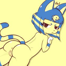 absurd_res animal_crossing animal_humanoid ankha ankha_(animal_crossing) anthro anus arustuff ass blue_hair digital_media_(artwork) domestic_cat felid feline felis female fur genitals hair hi_res humanoid looking_at_viewer looking_back mammal nintendo nude pussy simple_background solo vaginal_penetration video_games yellow_body