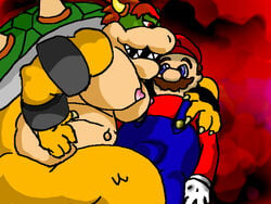 anthro bowser breasts brown_hair clothes color facial_hair female female_bowser gloves green_shell hair hat horns human interspecies jiggawhat koopa male male_human/female_anthro mario mario_(series) moustache nintendo nipples overalls red_hair rule_63 shell short_hair spiky_shell