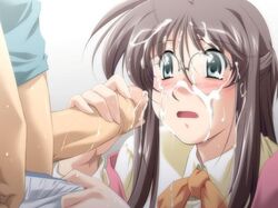 amorous_professor_cherry binetsu_kyoushi_cherry blinking blush brown_hair cum glasses handjob hise_chirei long_hair uncensored yamane_masahiro zyx