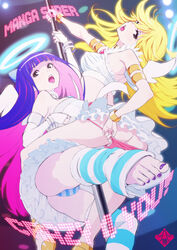 2girls angel angel_wings ass blonde_hair feet female female_only foreshortening halo long_hair multiple_girls nekoi_mie open_mouth panties panty_&_stocking_with_garterbelt panty_anarchy pole_dancing siblings sisters stocking_anarchy striped stripes stripper stripper_pole toes underwear wings