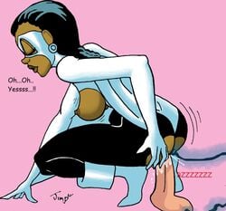 1girls artist_name avengers black_hair bodysuit breasts_cutout captain_marvel dark-skinned_female dark_hair dark_skin dildo dildo_riding female female_only human human_only jimp long_hair marvel marvel_comics monica_rambeau photon_(marvel) signature solo solo_female superheroine uncensored