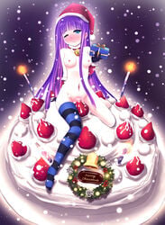 1girls bell blush breasts bulbonne cake candel candle censored christmas female food fruit hat highres long_hair multicolored_hair naked_thighhighs navel nipples nude panty_&_stocking_with_garterbelt santa_hat sitting solo stocking_anarchy strawberry striped striped_legwear striped_thighhighs thighhighs two_tone_hair wink