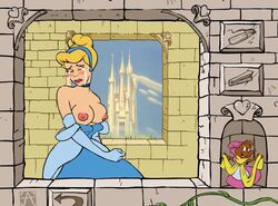 1girls akabur big_breasts blonde_hair blush breasts choker cinderella_(1950_film) cinderella_(disney) disney disney_princess dress dress_down exposed_breasts female female_only gloves hairband long_gloves nipples shoulder_gloves solo tagme tears