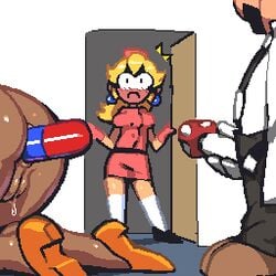 1boy 2girls all_fours anal anal_insertion blonde_hair blush dark-skinned_female dark_skin dr._mario dr._mario_(series) dress_shirt earrings faceless_male female gloves heels lab_coat long_hair mario mario_(series) megavitamin miniskirt mushroom mushroom_penis mustache nintendo noill nurse nurse_cap nurse_outfit nurse_peach nurse_uniform princess_daisy princess_peach pussy pussy_juice red_face shoes stethoscope super_mario_bros. suppository surprised thighhighs