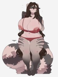 anthro areola areola_slip belly big_breasts blush bodily_fluids bra bra_pull breasts brown_hair cherrikissu clothing clothing_pull digital_media_(artwork) female fluffy fluffy_tail fur genital_fluids green_eyes grey_body grey_fur hair hi_res lactating lactating_through_clothing mammal milk panties procyonid pussy_juice pussy_juice_drip pussy_juice_leaking pussy_juice_through_clothing raccoon renee_(codecreatures) shaded simple_background simple_shading solo tight_clothing underwear underwear_pull wet wet_clothing wet_underwear wide_hips