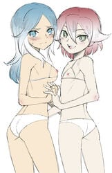 1boy 1girls almost_naked almost_nude ass bellatrix_(inazuma_eleven) bikini blue_eyes blue_hair blush breasts femboy green_eyes hand_holding happy holding_hands inazuma_eleven inazuma_eleven_(series) isabelle_trick kiyama_hiroto lingerie nervous nipples panties red_hair smile swimsuit trap urubida xavier_foster