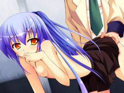 1boy 1girls angel_beats! artist_request ass ass_grab bare_shoulders bent_over blue_eyes blush breasts doggy_style female hand_on_ass highres kanade_tachibana long_hair macchi_bou male necktie nipples orange_eyes ponytail sex skirt sweat tenshi_(angel_beats!) tied_hair topless