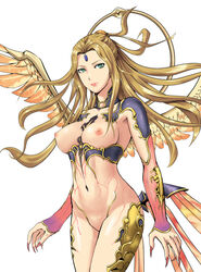 blonde_hair breasts female final_fantasy final_fantasy_xi fingernails green_eyes lady_lilith long_fingernails long_hair midriff nipples pipi_(pixiv6183) solo tattoo wings