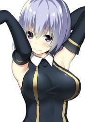 armpits arms_up black_gloves blush breasts commentary_request elbow_gloves female gloves hai_to_gensou_no_grimgar large_breasts looking_at_viewer purple_eyes purple_hair shihoru_(grimgar) short_hair sketch sky_(freedom) solo