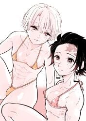 2boys abs alternate_costume areola_slip areolae bikini bulge crossdressing demon_slayer earrings facial_scar femboy kamado_tanjirou kimetsu_no_yaiba large_areolae looking_at_viewer male male_only male_with_breasts micro_bikini nipple_bulge restricted_palette short_hair small_breasts swimsuit take_758 thick_eyebrows twink zenitsu_agatsuma