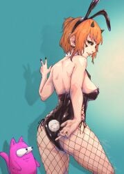 black_nails blue_background blue_eyes bunny_tail bunnysuit earrings female fishnet horns looking_back orange_hair pattiiiiiiii peace_sign pink_cat pointy_ears vrchat