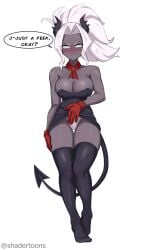 artist_name big_breasts black_leggings blush demon_girl demon_horns demon_tail english_text gloves helltaker judgement_(helltaker) long_hair shadertoons speech_bubble white_background white_eyes white_hair