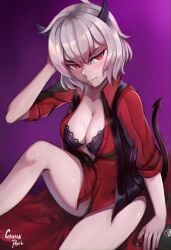 1girls big_breasts black_bra black_horns caiman-pool demon_tail helltaker looking_at_viewer malina_(helltaker) medium_hair nintendo_switch on_bed purple_background red_eyes white_hair