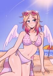 1girls beach big_breasts bikini breasts cleavage cupid_(megrocks) female female_only megrocks mob_face purple_eyes solo sunglasses_on_head tagme wings