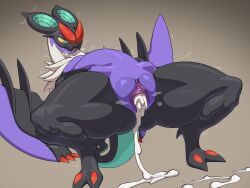 2022 biped black_body blush bodily_fluids claws creampie cum cum_in_pussy cum_inside digital_media_(artwork) female feral fur genital_fluids green_body hi_res membrane_(anatomy) membranous_wings neck_tuft nintendo noivern pata pokémon_(species) pokemon pokemon_(species) purple_body shaking solo toe_claws tuft urethra video_games white_body white_fur wings yellow_eyes