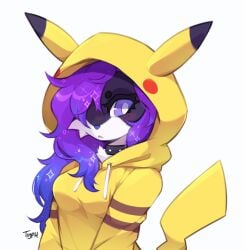 animation_meme_community anthro big_breasts black_fur breasts clothed clothing collar crispytyph female furry hoodie pikachu_(cosplay) pokemon pokemon_(cosplay) purple_eyes purple_hair tagme typh