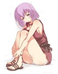 bare_shoulders blush breasts commentary_request female hai_to_gensou_no_grimgar highres large_breasts looking_at_viewer mudou_eichi panties pantyshot purple_eyes purple_hair pussy pussy_peek sandals shihoru_(grimgar) short_hair sitting solo underwear