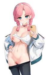 1girls areolae arknights belly big_breasts blue_eyes blue_poison_(arknights) blush braided_hair breasts choker cleavage collarbone embarrassed ett exposed_breasts female female_only hairband hand_on_hip highres legs light-skinned_female looking_at_viewer medium_hair midriff navel nipples one_breast_out pants_down phone pink_hair pussy pussy_juice pussy_juice_stain smartphone smile solo standing sweat sweatdrop sweating taking_picture thighs topwear uncensored vagina waist white_background white_topwear wide_hips