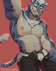 1boy abs blue_body blue_fur chest_tuft furry furry_only looking_at_viewer male male_only multicolored_body munax_od navel pants pecs smile smiling smiling_at_viewer tail two_tone_fur underwear unzipped_pants