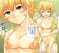 alternate_costume bikini blonde_hair crossdressing crying crying_with_eyes_open demon_slayer haori injury japanese_text katana kimetsu_no_yaiba large_areolae looking_at_viewer male male_only micro_bikini solo swimsuit take_758 tears thick_eyebrows torn_clothes yellow_bikini yellow_eyes zenitsu_agatsuma