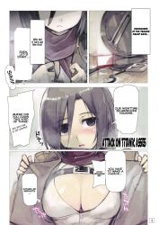 attack_on_titan big_breasts black_hair blush breasts buttons cleavage dialogue doujinshi english_text eremika eren_jaeger jacket mikasa_ackerman namaniku_atk page_4 panda-niku scarf shingeki_no_kyojin showing_off