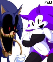 belly_button big_breasts bra creepypasta female haunted high_socks lord_x needlemouse_(character) needlemouse_(series) panties purple_fur red_eyes sarah_henderson_(needlemouse) sonic.exe stockings swimsuit thick_thighs white_background white_skin yellow_teeth