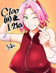 1girls 2022 adorable alternate_breast_size arm_warmers big_breasts breasts busty clothing curvy cute forehead_protector green_eyes huge_breasts konohagakure_symbol kunoichi large_breasts naruto naruto_(series) naruto_shippuden ninja nipples one_eye_closed pink_hair puffy_nipples sakura_haruno shounen_jump smile sunahara_wataru