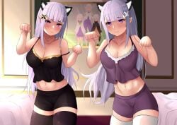 2girls bangs blush breasts cat_ears cat_pose cat_tail catgirl cleavage clothed clothing duo emilia_(re:zero) female female_only fully_clothed human light-skinned_futanari light_skin long_hair looking_at_viewer multiple_girls navel purple_hair re:zero_kara_hajimeru_isekai_seikatsu relpama satella_(re:zero) short_shorts shorts standing thighhighs