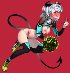 1girls 2d 2d_(artwork) areolae ass athletic athletic_female big_ass big_butt black_choker black_horns black_legwear black_tail black_thong blush blush_lines blushing blushing_at_viewer breasts breasts_exposed breasts_out cheerleader cheerleader_outfit choker color colored demon demon_girl demon_horns demon_tail exposed_breasts eyelashes female female_focus female_only gaak glasses helltaker legwear light-skinned_female light_skin looking_at_viewer nipple_exposed nipples pandemonica_(helltaker) pom_pom_(cheerleading) pom_poms red_background red_eyes seductive seductive_eyes seductive_look seductive_smile short_hair simple_background small_breasts smile smiling sneakers solo solo_female thighhighs thong tiny_breasts tits tongue_out uncensored underwear white_hair yellow_sneakers